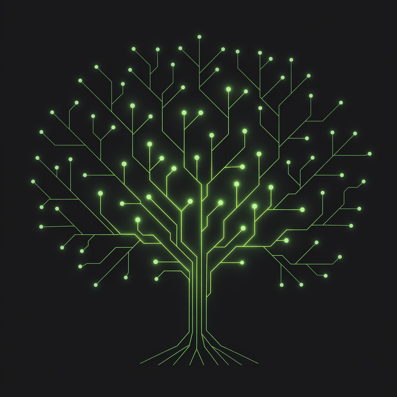 一棵向上分叉的发光电路板推理树，象征思维树（Tree-of-Thought）的展开